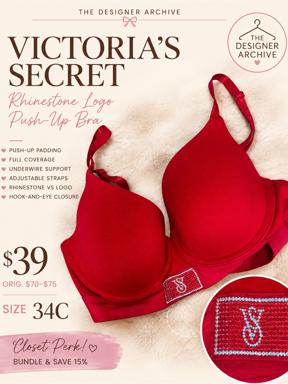 Victoria’s Secret Red Rhinestone Logo Push-Up Bra 34C